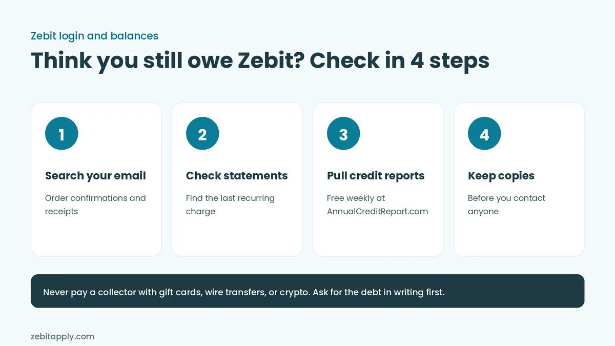 Four-step checklist for former Zebit members: search email, check statements, pull free credit reports, keep copies